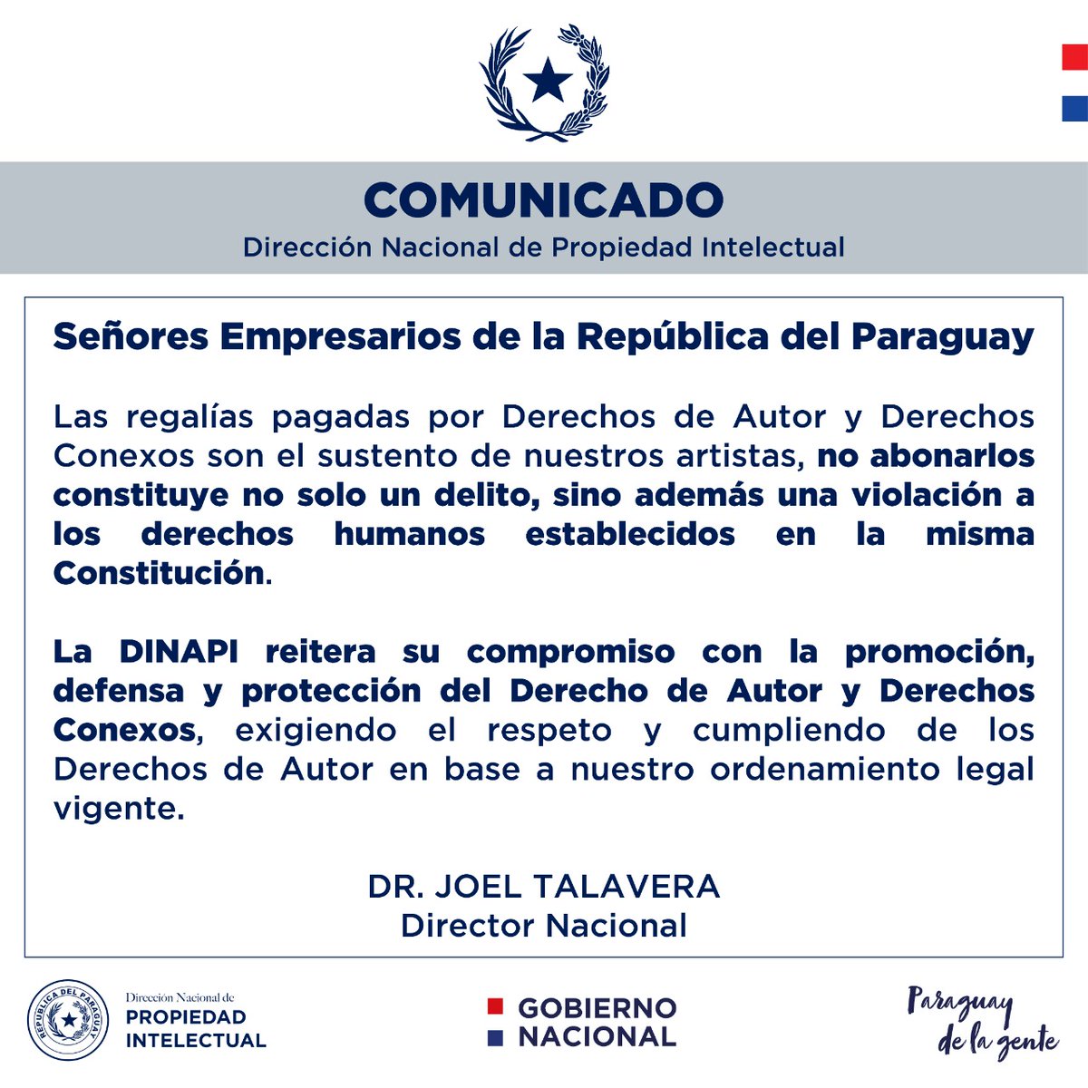dinapipy's tweet photo. DINAPI exhorta a responsables de los medios de comunicación, de locales nocturnos, bares, restaurantes, hoteles y de cualquier otro comercio, al pago de regalías correspondientes a los derechos de autor y derechos conexos.

📌Leé más en: https://t.co/Ma6nvu01Fw

#DerechosDeAutor https://t.co/1aS9nILoSy