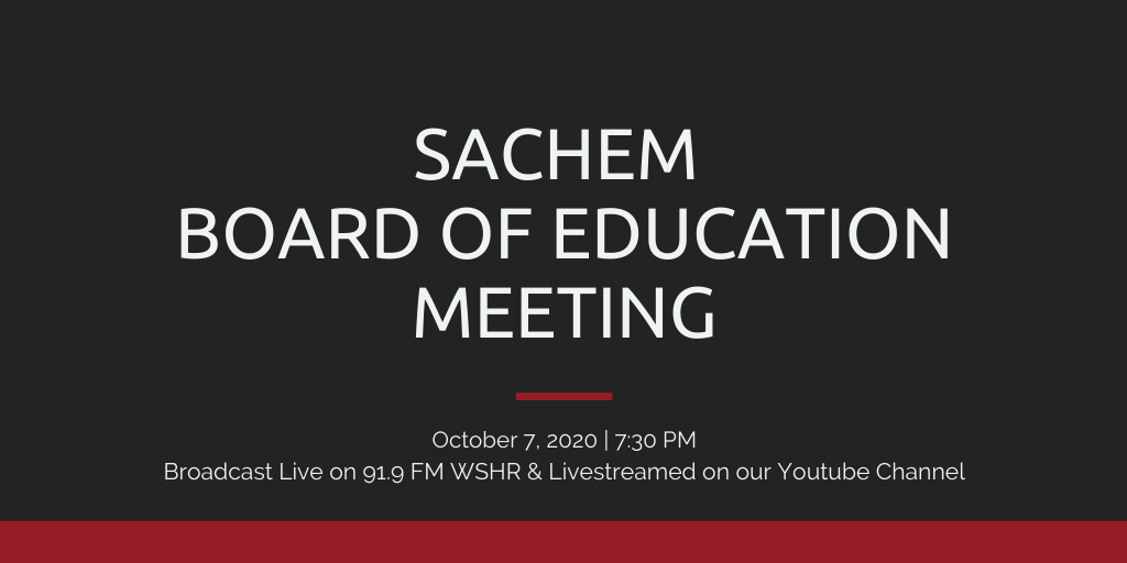 BOE Reminder: The Sachem Central School District Board of Education will be meeting tonight, October 7, 2020 at 7:30 p.m.

The meeting will be broadcast live on 91.9 FM WSHR and livestreamed on our YouTube channel at: youtube.com/channel/UCNaVI…