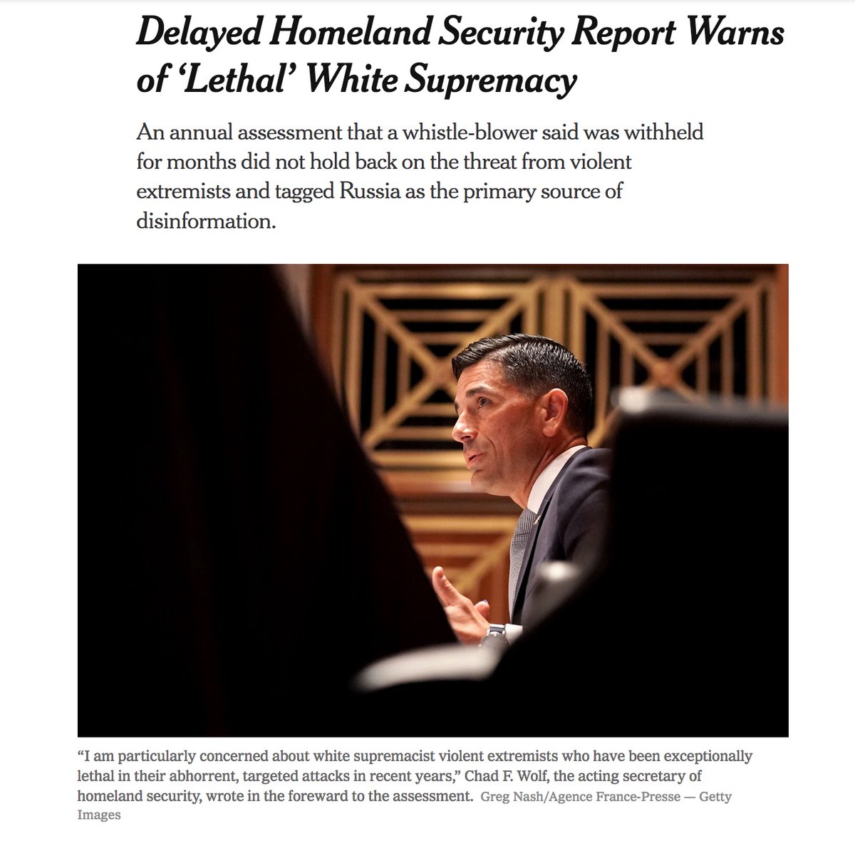 A whistleblower said  @DHSgov withheld this annual assessment for months  https://www.scribd.com/document/478854475/DHS-Homeland-Threat-Assessment which warns white supremacy is the “most persistent & lethal threat" in the US, & names Russia as the primary source of disinformation:  https://www.nytimes.com/2020/10/06/us/politics/homeland-security-white-supremacists-russia.html(DHS can't say POTUS is)