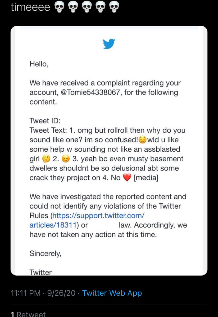 In addition, it seems that  @Twitter and  @TwitterSupport DO NOT take seriously the fact that a trans person had been subjected to harassment for their identity in this screenshot that tomie shared of a message they recived from twitter and that reflects on this platform greatly.