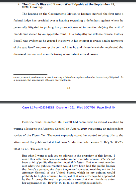 Okay, now we move on to judicial comments, where the bias is "palpable." Judge Sullivan may have criticized Sidney Powell by asking her about her contact with the AG's office on behalf of Flynn, before she represented Flynn.