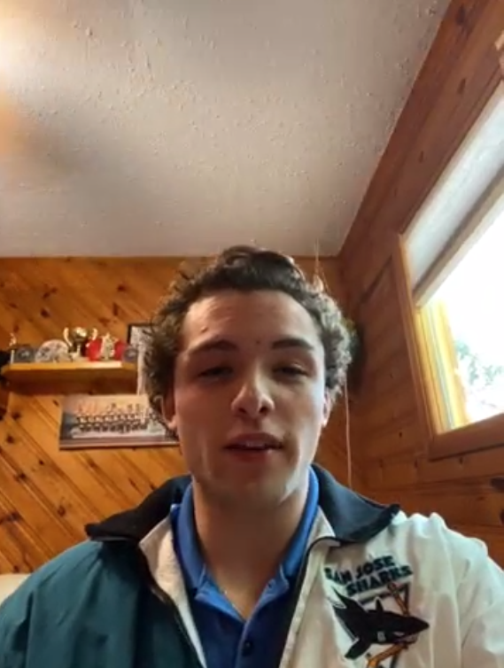 SanJoseSharks's tweet photo. New draft pick Tristen Robins rocked this AMAZING old school jacket during his Zoom call. 🤩

The jacket was his dad's, who was in the #SJSharks org in the '90s. https://t.co/ONOgWsGvFX