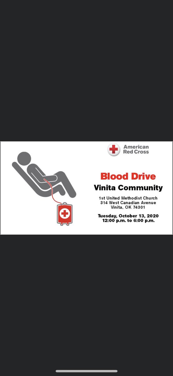 Please join us for a blood drive at Vinita Community on Tuesday, October 13, 2020 from 12:00 p.m. to 6:00 p.m. Visit RedCrossBlood.org to schedule an appointment.