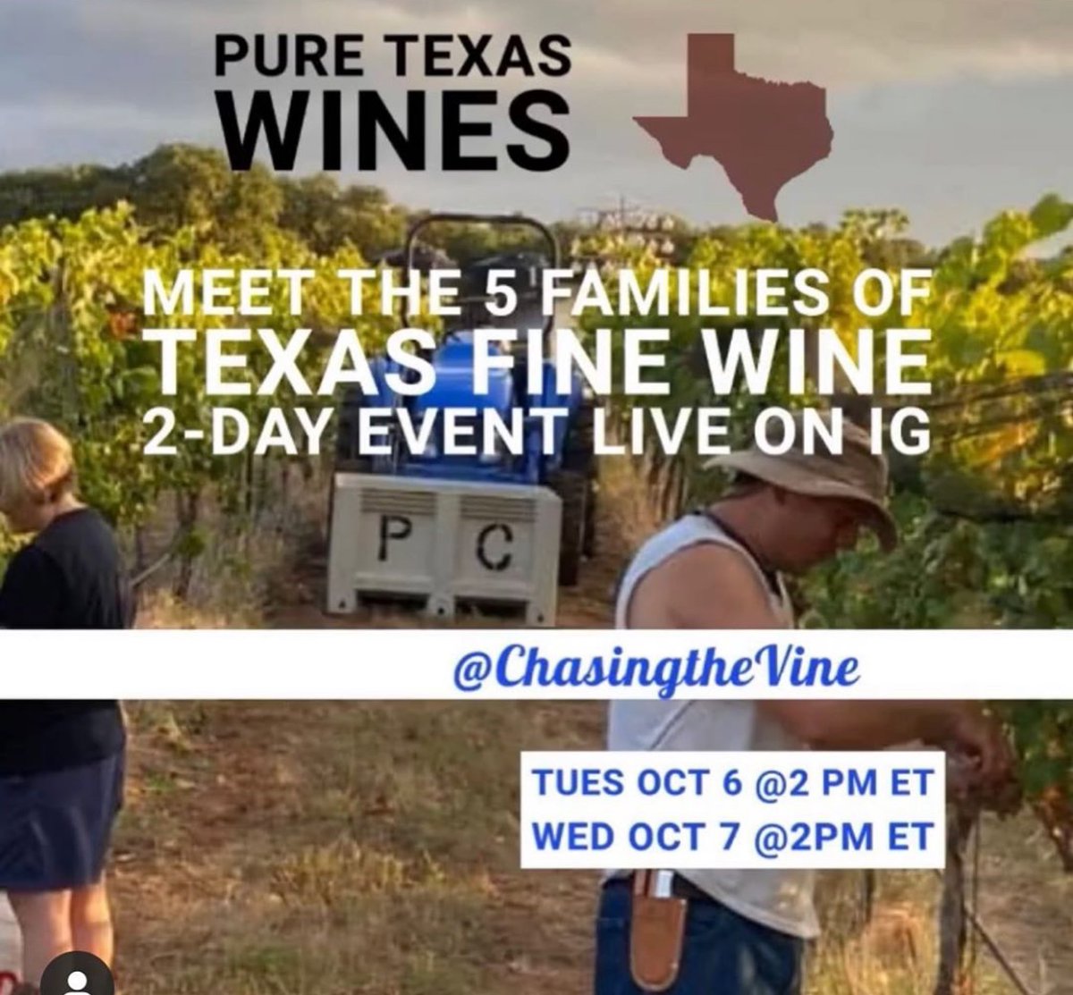 PedernalesWine's tweet photo. Watch @chasingthevine on IG Live today at 2 pm ET/1 pm Texas time to hear from us and @DuchmanWinery of @TexasFineWine discuss Texas wine!
#txwine
#texasfinewine
#txwinemonth
#uncorktexaswines https://t.co/eVxmucE4mX