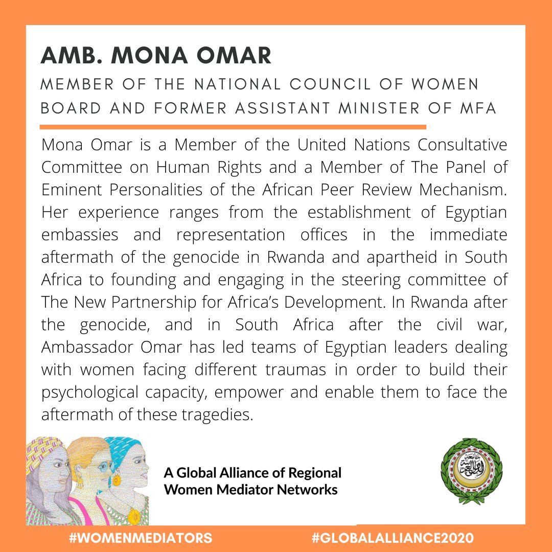 WomenMediators's tweet photo. 🟠The Speaker 🎙️Ambassador Mona Omar, Member of the #AWMN

🔵The Panel ⏲️'Connecting global and local: Perspectives on the Women Mediator Networks'

🟡Register  👉 https://t.co/I4Ma5gCVTb

#GlobalAlliance2020 #WomenMediators #FemmesMediatrices #AllianceMondiale2020 https://t.co/Czg1wxiY8c