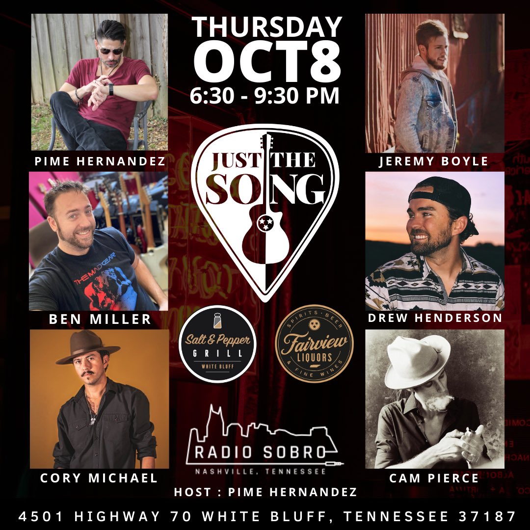 JustTheSong1's tweet photo. Yeah yeah!! Thursday 10/8/20 #justthesong #saltandpeppergrill with host: #pimehernandez #whiteblufftn
Killer Line-up!! These boys right here are straight ๐ฅ๐ฅ๐ฅ
6:30PM
#pimehernandez
#jeremyboyle
7:30PM
#benmiller
#drewhenderson
8:30PM
#corymichael
#campierce
#radiosobro https://t.co/HhtTLebL1I