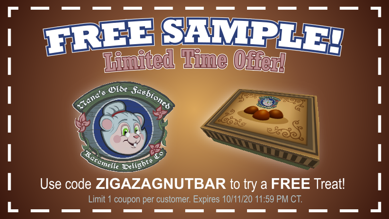 NanasKaramelle's tweet image. FREE SAMPLE! Enter the code ZIGAZAGNUTBAR because nothing gets your pet over hump day faster than a sugar rush. wizard101.com/game?context=r… #NanasKaramelle #Wizard101