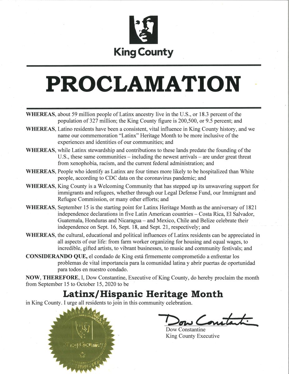 A King County proclamation proclaiming Sept. 15-Oct. 15, 2020, as Latinx/Hispanic Heritage Month in King County.