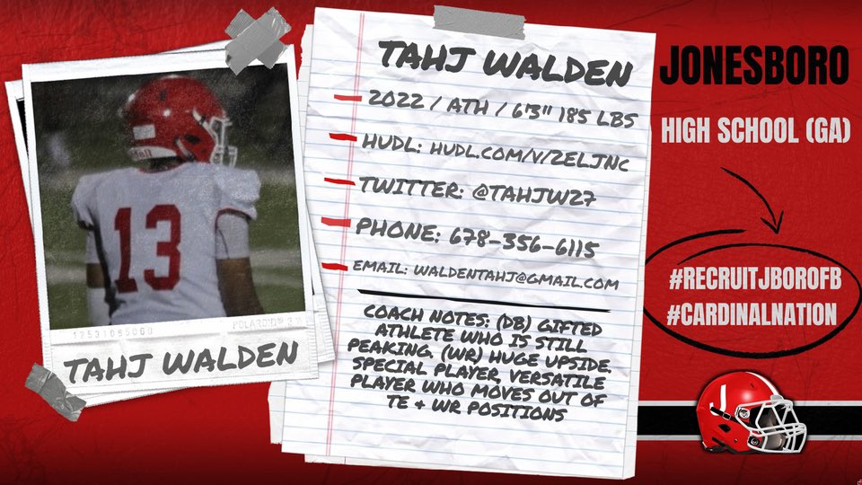 TAHJ WALDEN
#13 ATH | ‘22 | 6’3 185
🐥 <a href="/TahjW27/">Tahj Walden</a>
💻 (MIDSEASON) hudl.com/v/2ELJNc
📚 Jonesboro HS (GA)
OFFERS: Morgan State

HFC @dlfarn
Pos. Coach <a href="/Brooks_DBU/">Ced Brooks</a> / <a href="/marty_me_hustle/">Coach Al</a>
Recruit Coord <a href="/CoachCarmichEAL/">“COACHSYRUP🥞” Coach Darrian CarmichEAL</a>

STATS
🌟 9 TKL
🌟 2 TFL