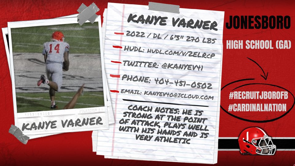 KANYE VARNER
#14 DL | ‘22 | 6’3 270
🐥 <a href="/kanyev41/">Kanye Varner</a>
💻 (MIDSEASON) hudl.com/v/2ELRcP
📚 Jonesboro HS (GA)
OFFERS: East Carolina, Buffalo, Morgan State, Akron

HFC @dlfarn 
Pos. Coach <a href="/ajpatt1983/">Aubrey J. Patterson, Sr</a>
Recruit Coord <a href="/CoachCarmichEAL/">“COACHSYRUP🥞” Coach Darrian CarmichEAL</a>

STATS
🌟 8 TKL
🌟 3 TFL
🌟 1 INT
