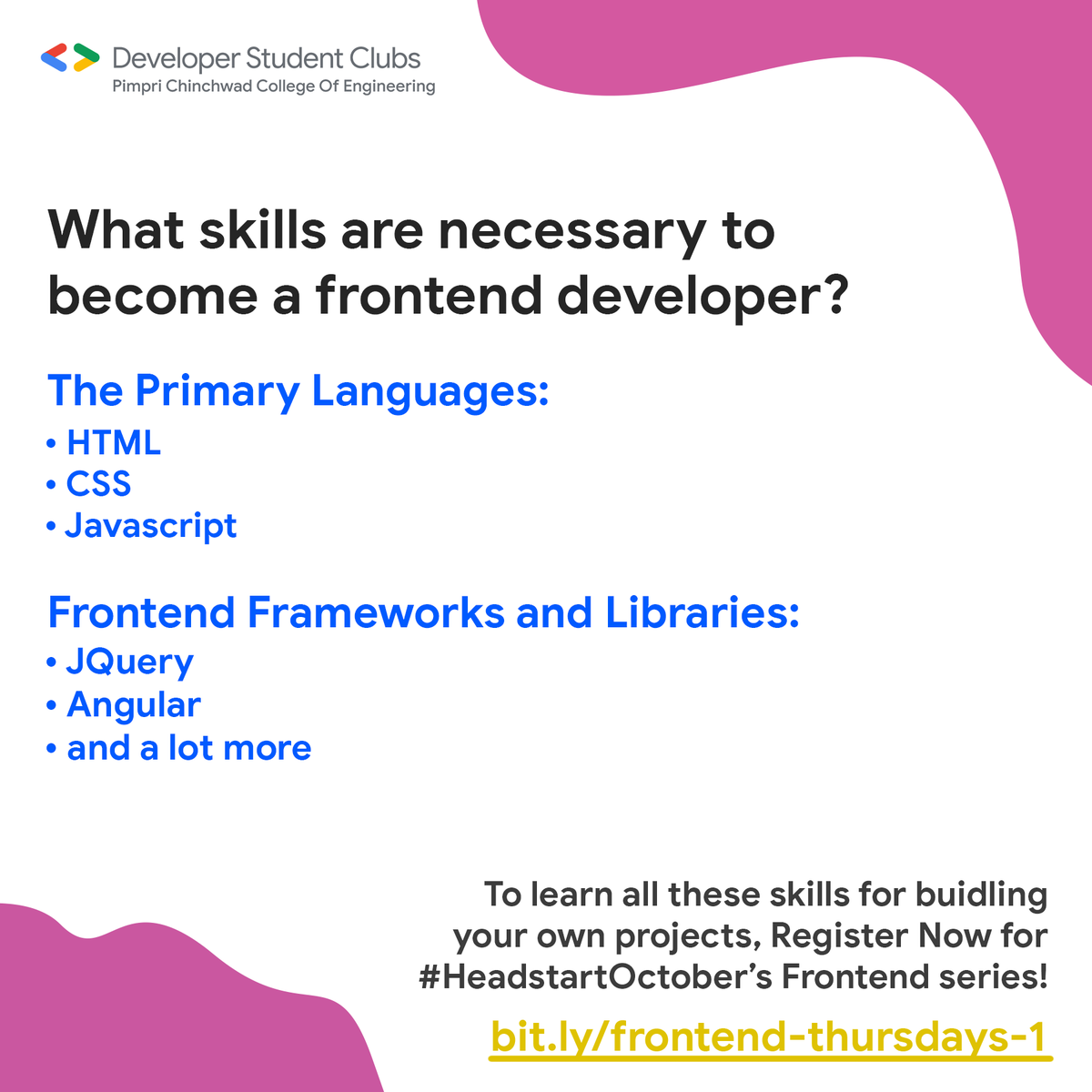 gdscpccoe's tweet photo. What is Frontend Development? How can you get started? To get answers to these questions, remember to join us for Frontend Thursdays Session #1 today at 6 PM π―π―
https://t.co/EE004JAnec
#HeadstartOctober #dscpccoe #developerstudentclubs #dsc #googledevelopers https://t.co/9MHHVZXRfZ
