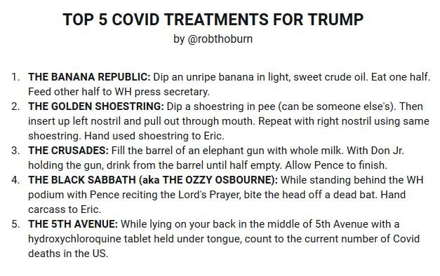 robthoburn's tweet photo. @TheDailyShow They call his delusional Tweeting #dexting, from "dexamethasone" + "texting." You should see the nutty treatments the WH had been considering using before Walter Reed... https://t.co/0TUW5mVcEt