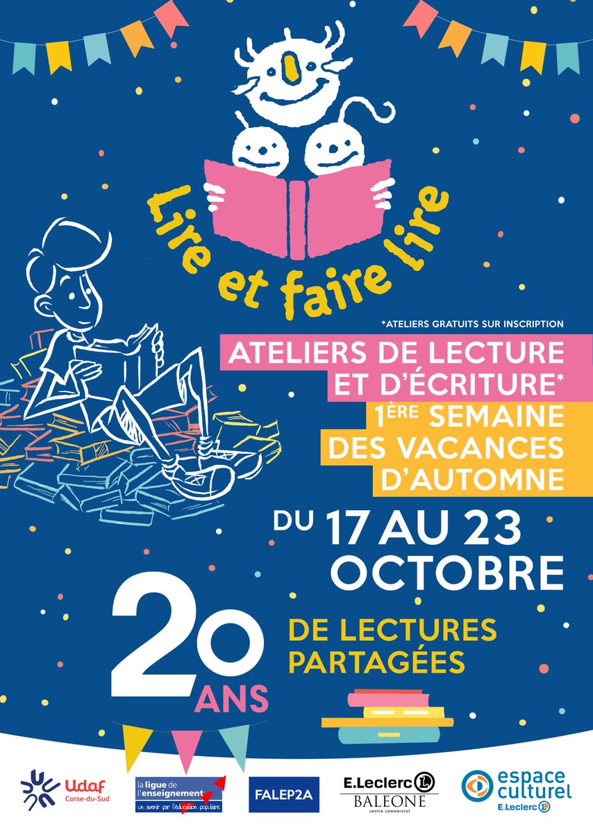 AssoHorsNorme's tweet photo. #Evenement 🥳 Le #programme de l’#opération "#Lire et faire lire", organisée par l’UDAF 2A &amp; la FALEP 2A, c’est par ici 👇 RDV du 17 au 23/10 à l’Espace Culturel https://t.co/2kdVETwT2X #Baleone pour des #ateliers #gratuits 📚
ℹ️ Inscription.s : e.culturel.ajaccio@gmail.com. https://t.co/UnHm7gKNBy