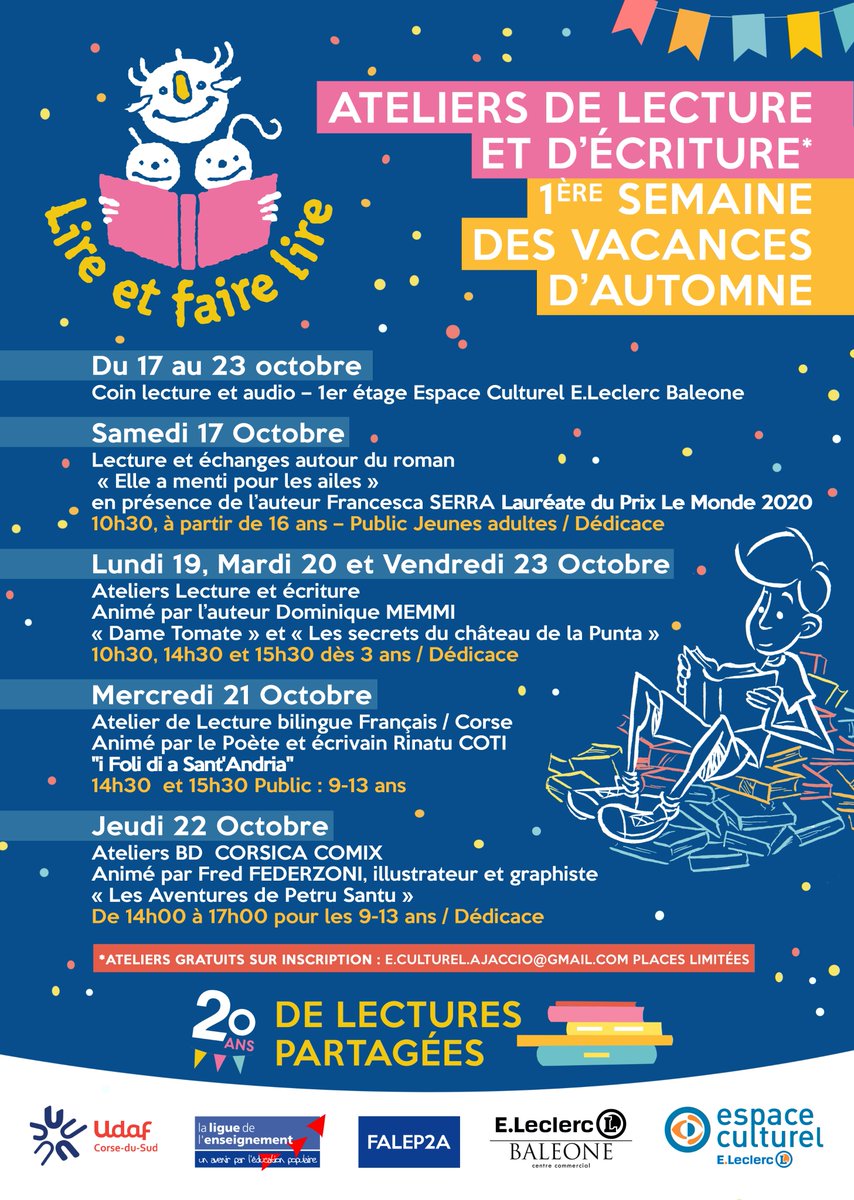 AssoHorsNorme's tweet photo. #Evenement 🥳 Le #programme de l’#opération "#Lire et faire lire", organisée par l’UDAF 2A &amp; la FALEP 2A, c’est par ici 👇 RDV du 17 au 23/10 à l’Espace Culturel https://t.co/2kdVETwT2X #Baleone pour des #ateliers #gratuits 📚
ℹ️ Inscription.s : e.culturel.ajaccio@gmail.com. https://t.co/UnHm7gKNBy