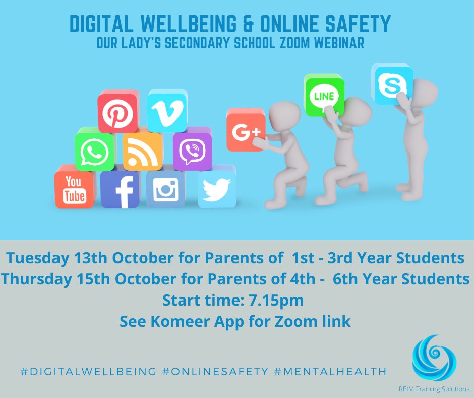 Please see below details of our upcoming webinar by ⁦<a href="/ReimTraining/">REIMTrainingSolution</a>⁩ for parents / guardians⁩ on digital wellbeing and online safety⁩ ⁦<a href="/olssguidance/">@olssguidance</a>⁩ ⁦@OLSSchoir⁩ #Wellbeing#OnlineSafety#OLSS