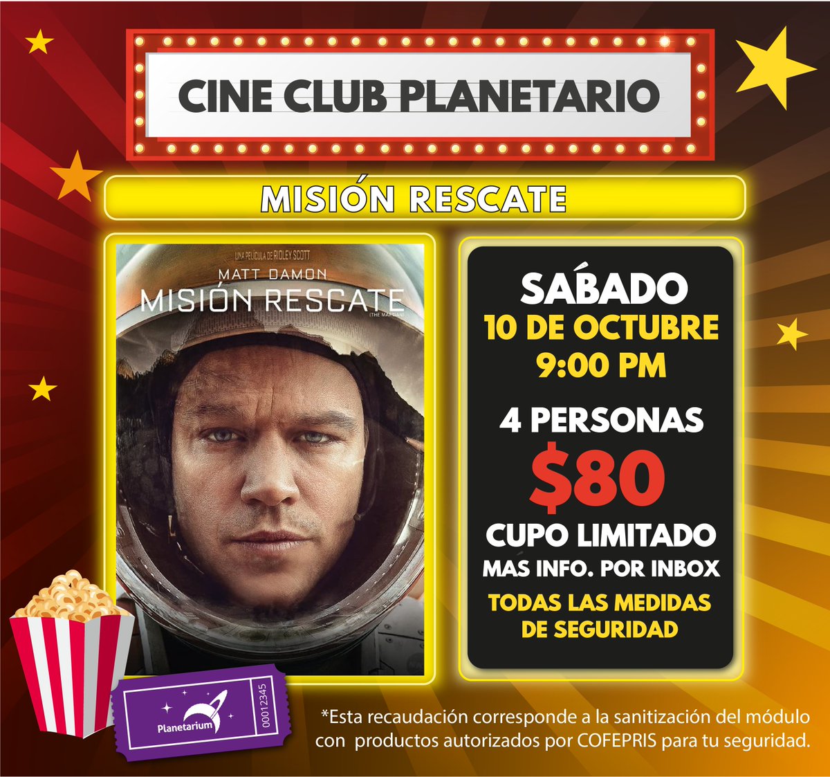 ⭐️Cine Club Planetario⭐️😱SEMANA MUNDIAL DEL ESPACIO😱 
Traemos para ti: ➡️MISIÓN RESCATE⬅️ 
¡VEN! Disfruta en familia🤭
🤩SÁBADO 10 DE OCTUBRE 9:00 PM
🤯CUPO LIMITADO🤯
✅ENVÍA INBOX a nuestro FACEBOOK para más información y adquiere TU LUGAR✅
$8️⃣0️⃣ PESOS X 4 PERSONAS 👲👱‍♂️👱‍♀️👩‍🦱