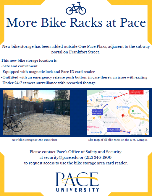 Check out information on new and existing bike storage at #PaceU: bit.ly/34wc9Eh. Additional details can also be found in the Return to Campus FAQ: bit.ly/3cpP4GC.