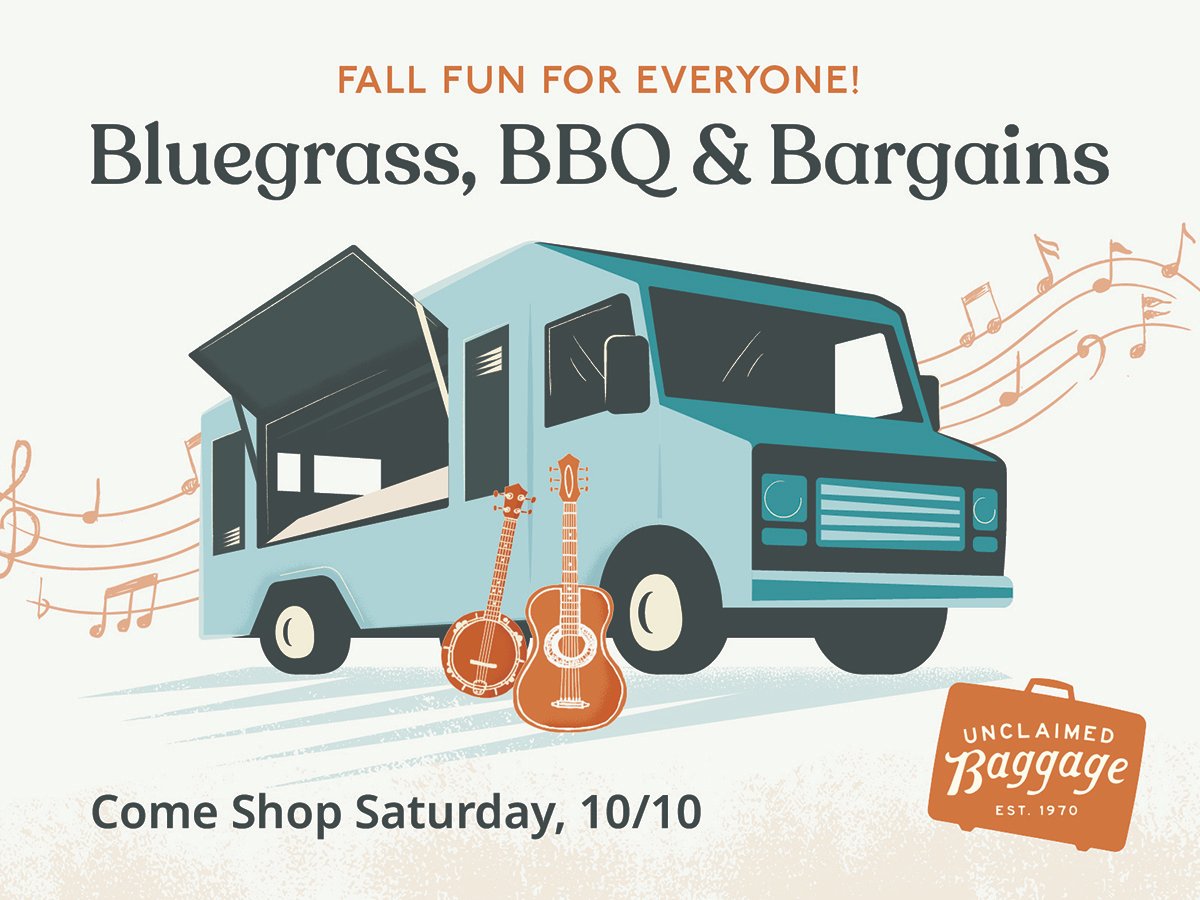 UnclaimedBag's tweet photo. Come celebrate Columbus this Saturday at Unclaimed Baggage. Fall fun for everyone, rain or shine! Live music by bluegrass band Cumberland Mountain Boys, food trucks, SEC football playing on big screens, and more!  https://t.co/FOy9zfMACF https://t.co/a4dznZYoa8