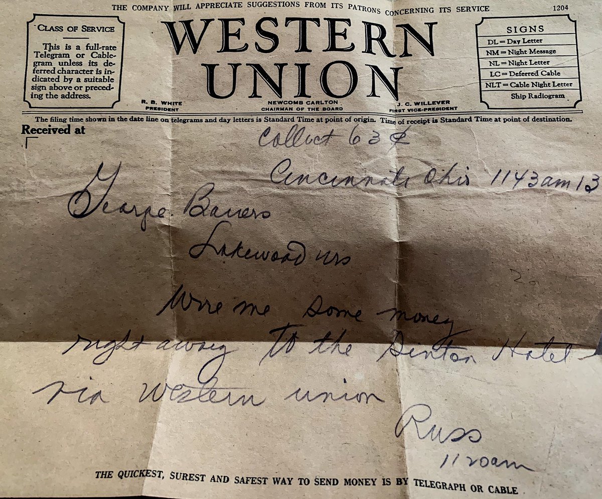 WIBackpacker's tweet image. 1930’s version of a #CollectCall #WesternUnion @WesternUnion @Pirates @MLB #RussBauers