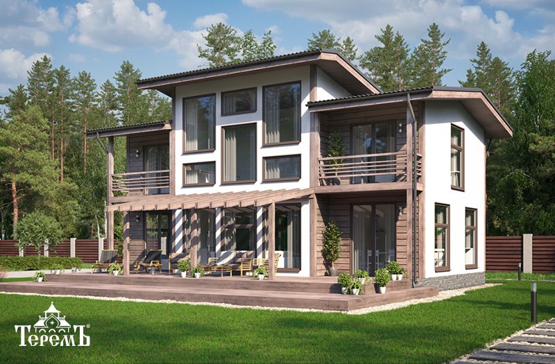 ProTerem's tweet image. Масштабный  коттедж «Академик-2» площадью 193 кв. м. включает гостиную, большую кухню-столовую, комнату свободного назначения, технические помещения на первом этаже и четыре спальни на втором.