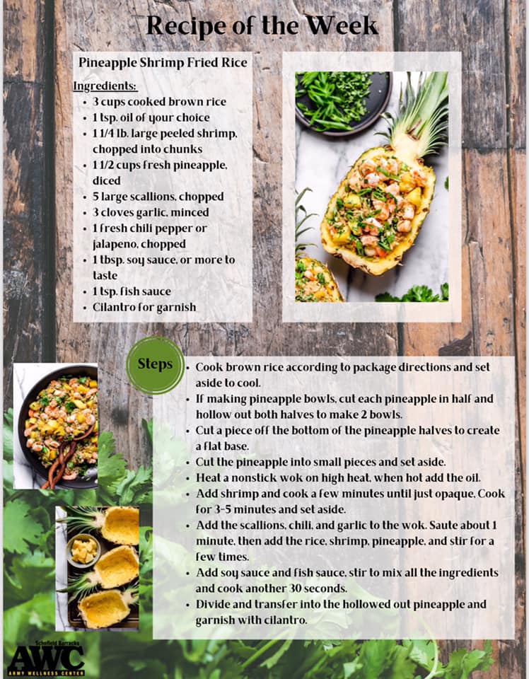 usaghawaii's tweet photo. #WellnessWednesday: In a dinner rut? 

Mix things up this week with Pineapple Shrimp Fried Rice, courtesy of the Schofield Barracks Army Wellness Center. 

#MoveToHealth #M2H #OurArmyOhana https://t.co/f1VAXGm3AB