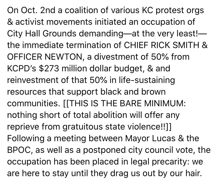 *URGENT THREAD* since oct. 1 blm activists have been occupying KCMO city hall in response to the brutal assault of Deja Stallings by KCPD. we have been here for six days—نشاالله—but after announcing a surprise vote, city council is pushing to clear the camp as early as Thur (1/n