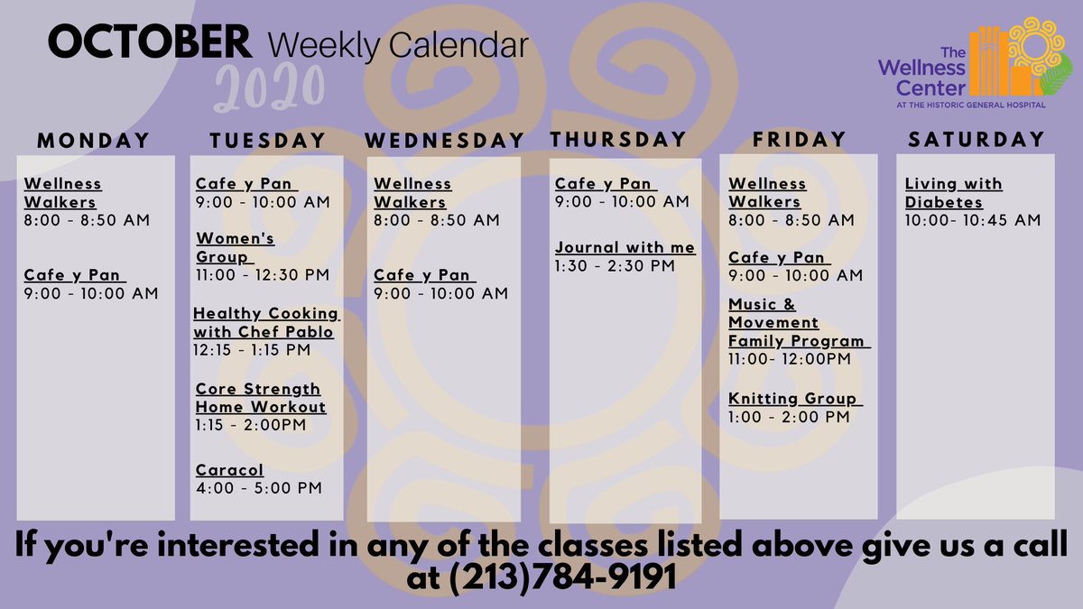 TWellnessCenter's tweet image. Happy Wednesday!🐪 Check out The Wellness Center’s virtual class schedule for October! 🗓 🎃
.
¡Feliz miércoles! 🐪 ¡Consulta el horario de clases virtuales del The Wellness Center para Octubre! 🗓 🎃

#twcla #virtualclasses #freevirtualclasses #clasesvirtuales #clasesgratis