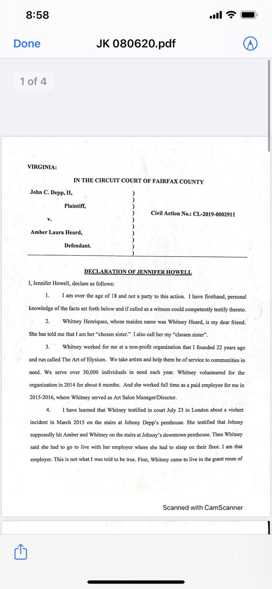 B) Jenifer Howell, Whitney’s former employer & “chosen sister”, said in her declaration that:-Amber threw a bottle of wine at her sister. -Amber nearly pushed her sister down the stairs.-Whitney had suffered phycological & physical abuse her entire life from Amber.