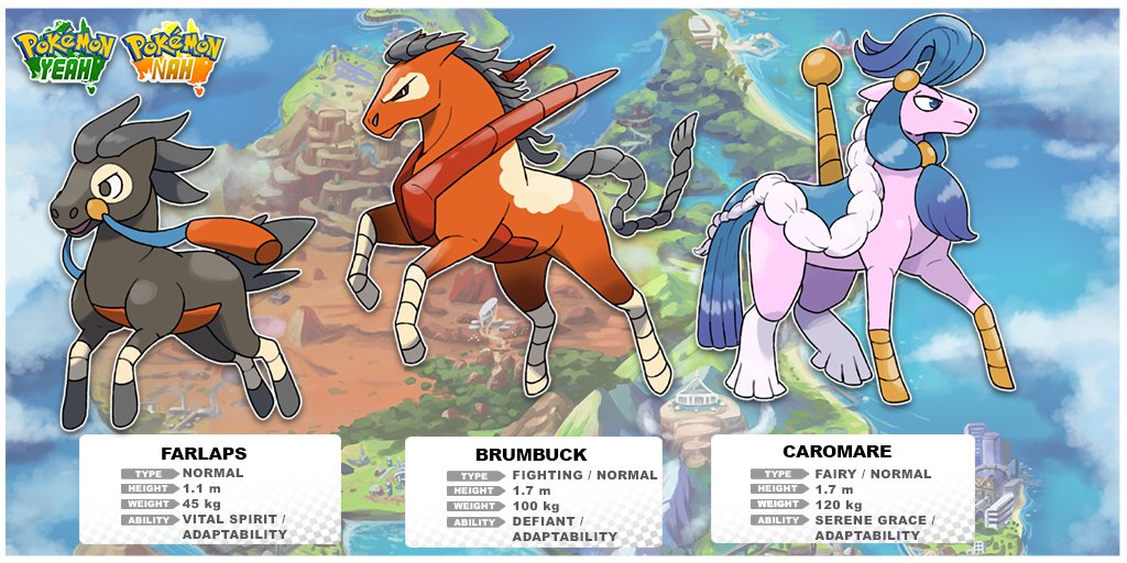 And they're off! Farlaps are a fast Pokemon with a competitive drive to race. A Farlap's destiny is determined by itself. They may evolve into a mighty, wild Brumbuck or an elegant Caromare.