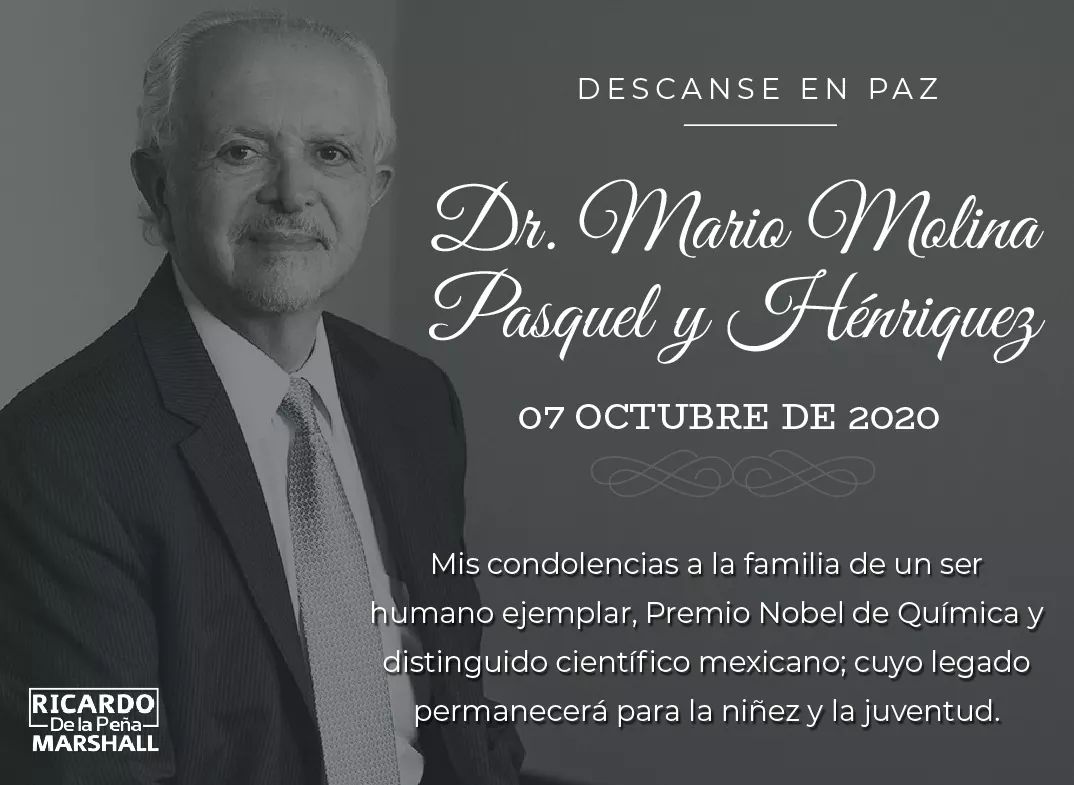 Lamento profundamente el fallecimiento del Dr. Mario Molina Henríquez, Premio Nobel mexicano, científico comprometido y capaz.  Abrazo solidario a sus familiares y amigos. Descanse en paz.
