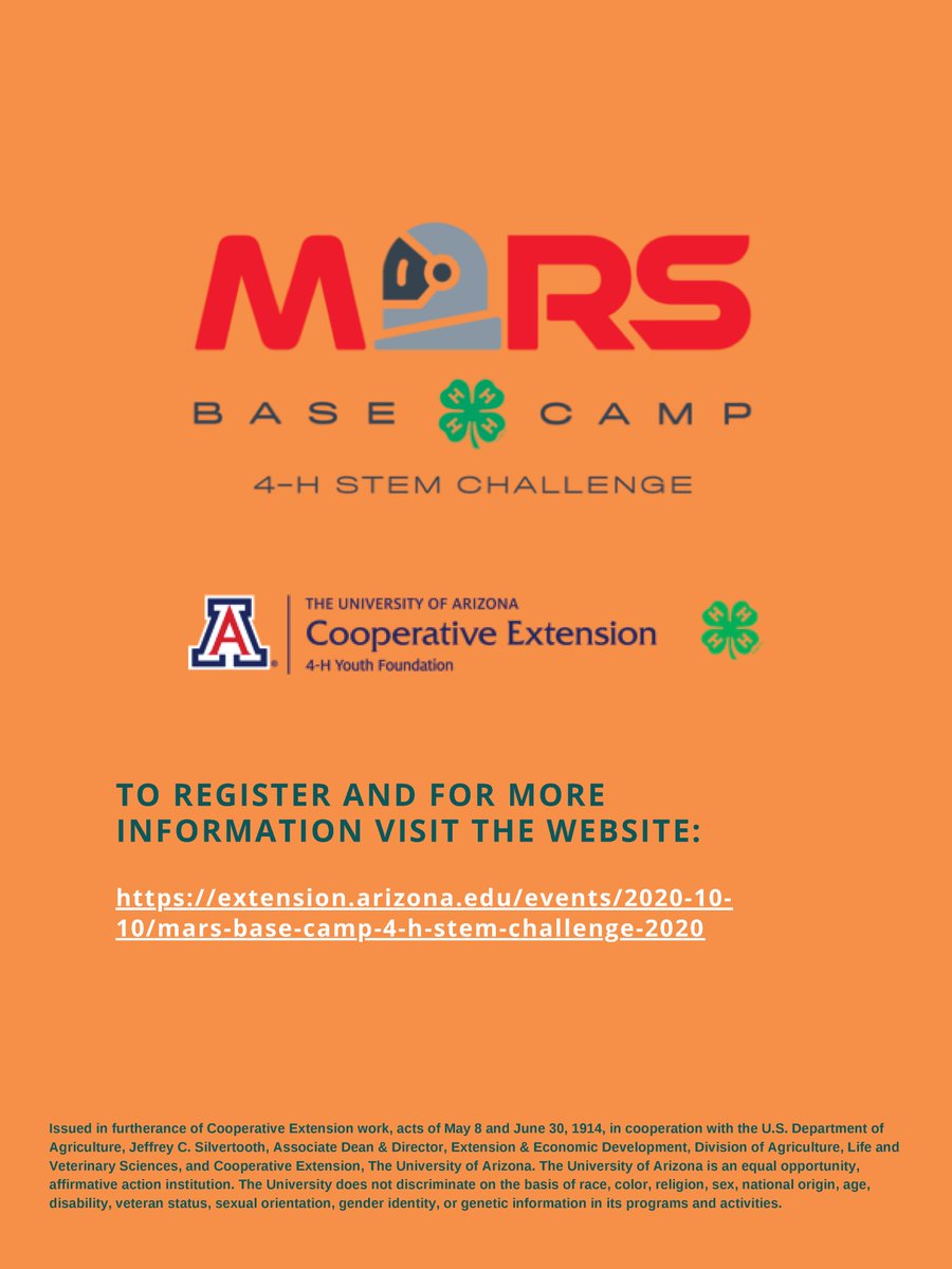 PimaAZ4h's tweet photo. The race to land humans on Mars is on! The 2020 4‑H STEM Challenge will explore sending a mission to Mars with the activity, Mars Base Camp. To learn more visit:
https://t.co/lAB4fMyVCl https://t.co/gGDd2erqDX
