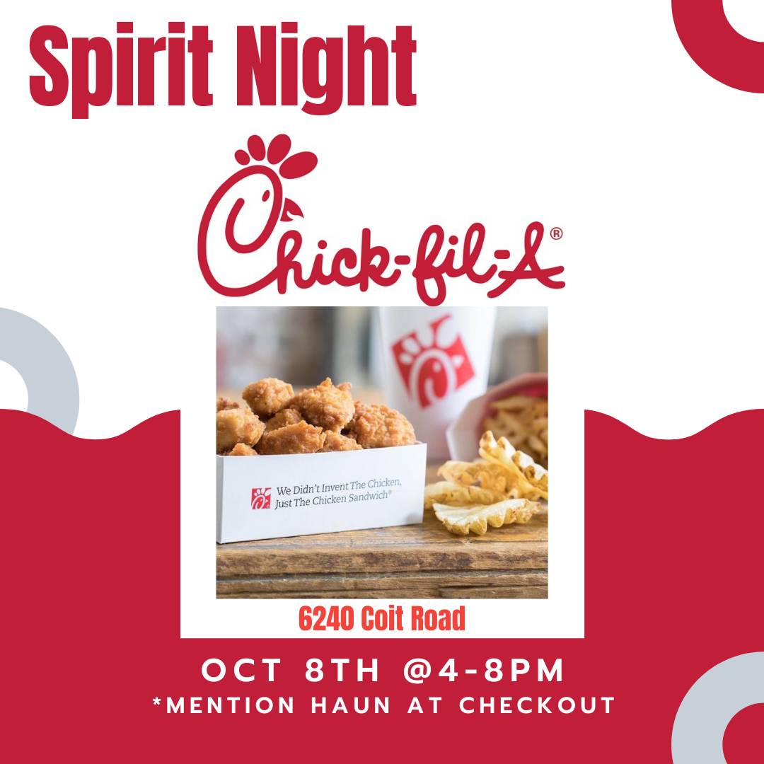 HaunPta's tweet photo. Spirit Night TOMORROW!  Stop by Chick-fil-A and mention Haun PTA at checkout and a portion of the sale goes back to Haun PTA and our school. https://t.co/hwT5eecKYs