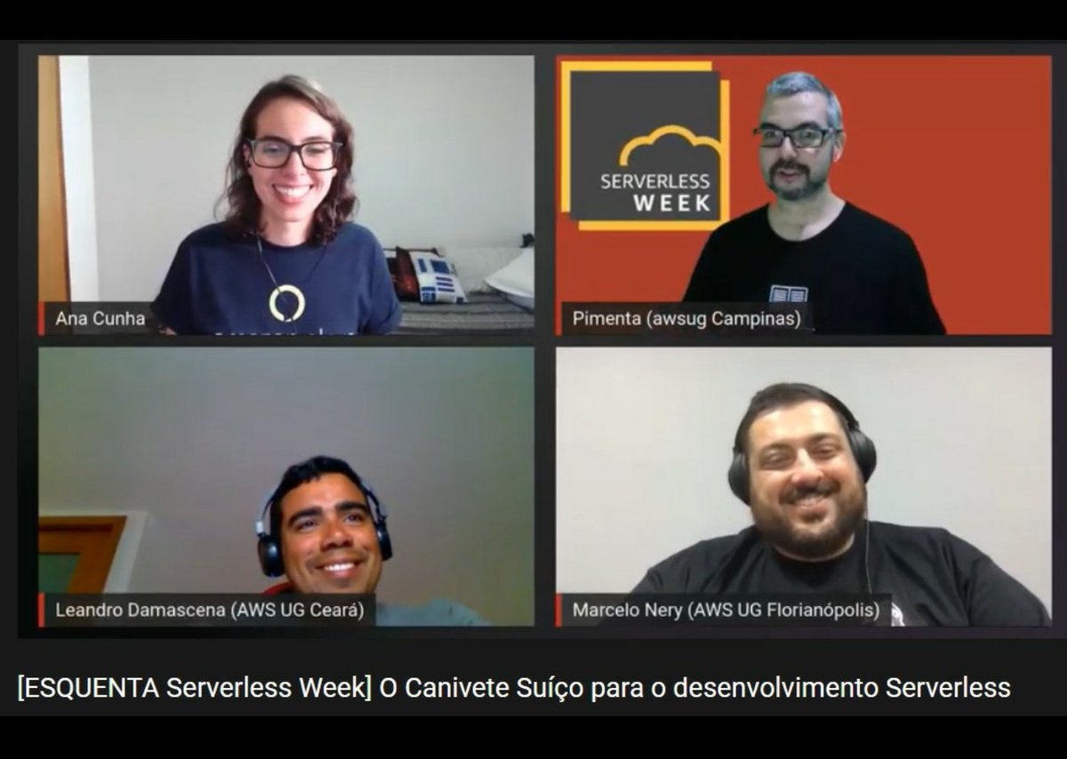 awsusergroupsp's tweet image. E foi dada a largada pro esquenta da #serverlessweek! Na palestra de estreia @mcunhaana explorou o canivete suíço (meeesmo) do desenvolvimento serverless com direito a desafio! Curtiu?! Comenta aqui que semana que vem tem mais com @fabianmartins !!