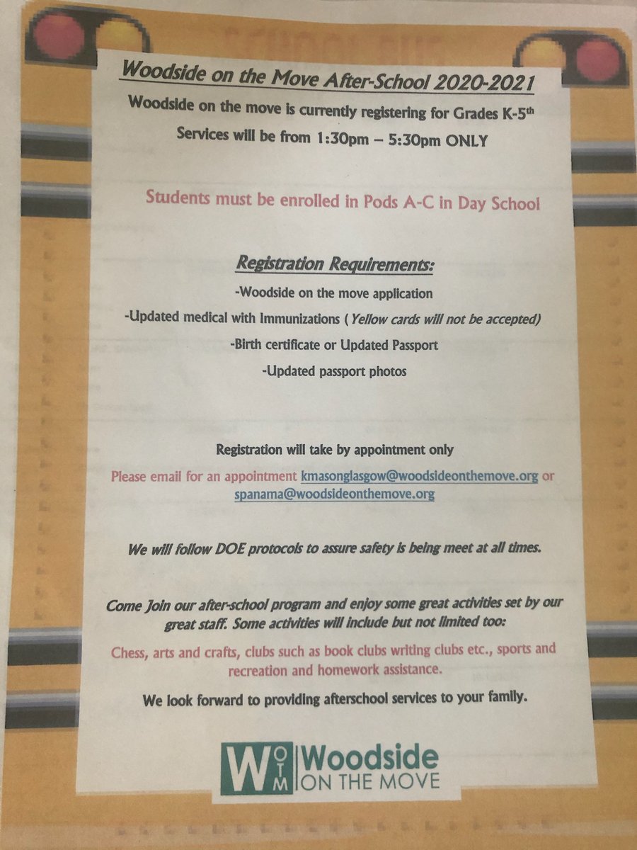 EricaCacioppo1's tweet photo. Good afternoon P.S.361Q families,
For All in person students, please know our afterschool program, WOODSIDE ON THE MOVE is currently registering for grades K-5th. 
Thank you, 
Ms.Cacioppo https://t.co/sNe5b67vBR