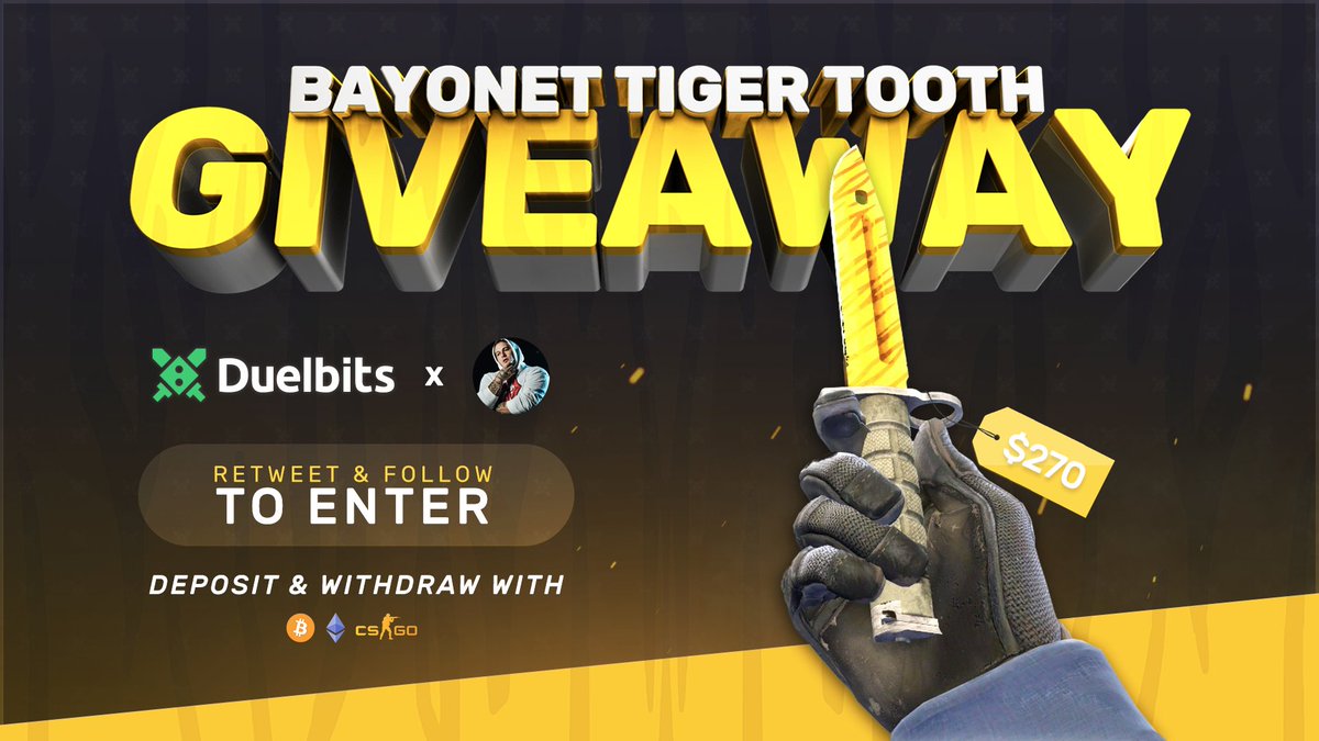 LobanjicaCS's tweet image. 🐯 BAYONET TIGER TOOTH FN GIVEAWAY 🐯

To enter:
- RT &amp;amp; Like
- Follow @Duelbits + @LobanjicaCS
- Tag one (or more) friend!

Ends in 7 days. Good luck everyone! ❤️

CLAIM A FREE DUEL HERE: duelbits.com/?a=loba 💸