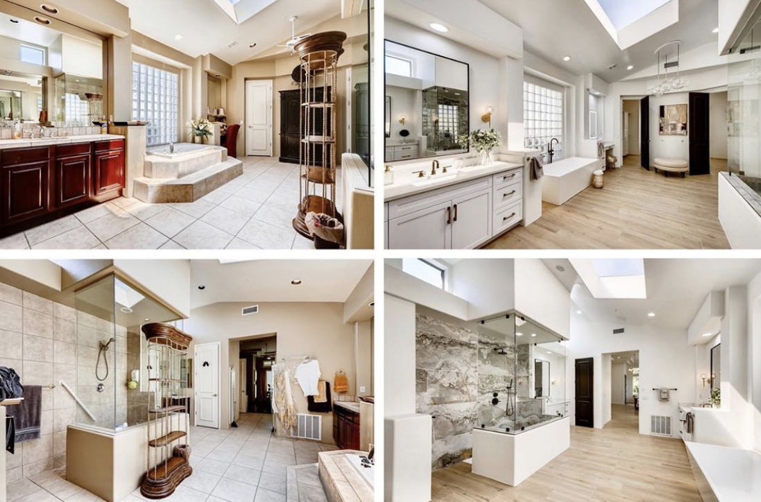 Check out the BEFORE / AFTER of our latest listings master bathroom. 🙌🙌🙌
.
.
.
#topcomp #azrealestate #topdollar #sellformore #phoenixrealestate #scottsdalerealestate #renovations #updatetosell #renovatetosell