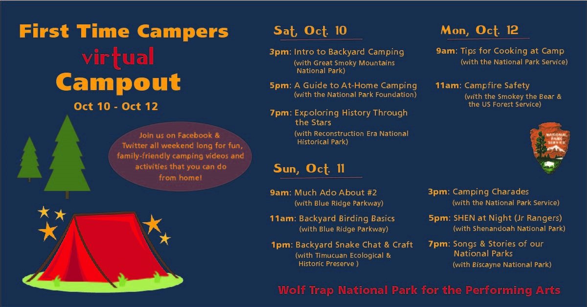 Wolf_Trap_NPS's tweet photo. "A bad day camping is better than a good day working."
So mark your calendars, we're going camping! Virtually, of course. Join us this weekend for our first ever virtual campout event on Facebook & Twitter! #VirtuallyCamping #FirstTimeCampers https://t.co/pBakdsz4KW