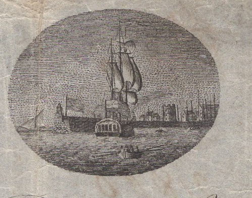 And the engraving is a typical Leith scene, with a sailing ship entering the harbour. The "windmill" signal tower can be seen.