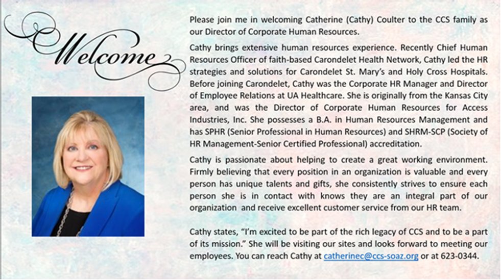 CCSofSOAZ's tweet photo. It is #WelcomeWednesday and we are thrilled to welcome Catherine Coulter, SPHR, SHRM-SCP as our new Director of Corporate Human Resources! https://t.co/eyACK22eKh