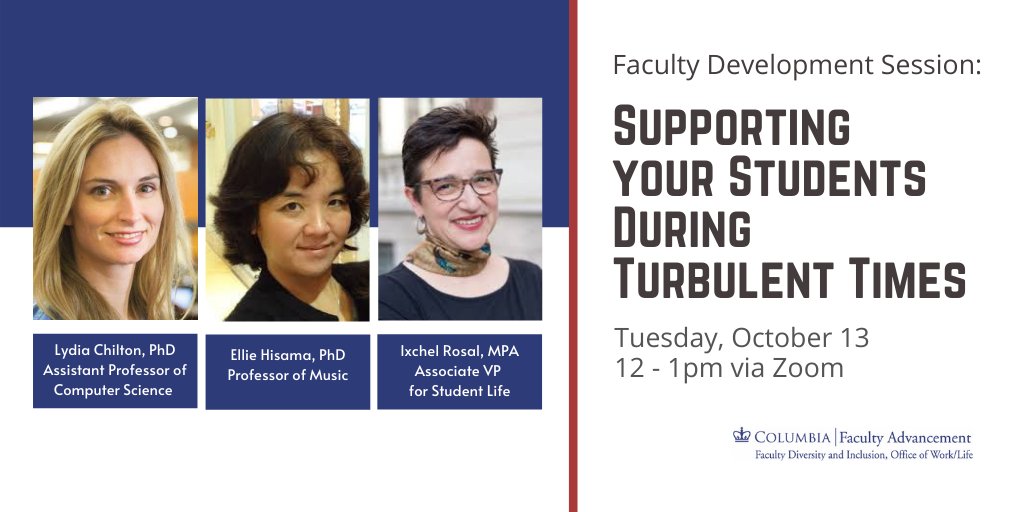 FOR OUR FACULTY: TUES 10/13 NOON PANEL on supporting your students during turbulent times. Panelists include our <a href="/ColumbiaCompSci/">ColumbiaCompSci</a> Prof @hmslydia, <a href="/Columbia_Music/">Music<a href="/Columbia/">Columbia University</a></a> Prof Ellie Hisama, and <a href="/ColumbiaULife/">ColumbiaULife</a>
Ixchel Rosal. events.columbia.edu/cal/event/show… @Columbia