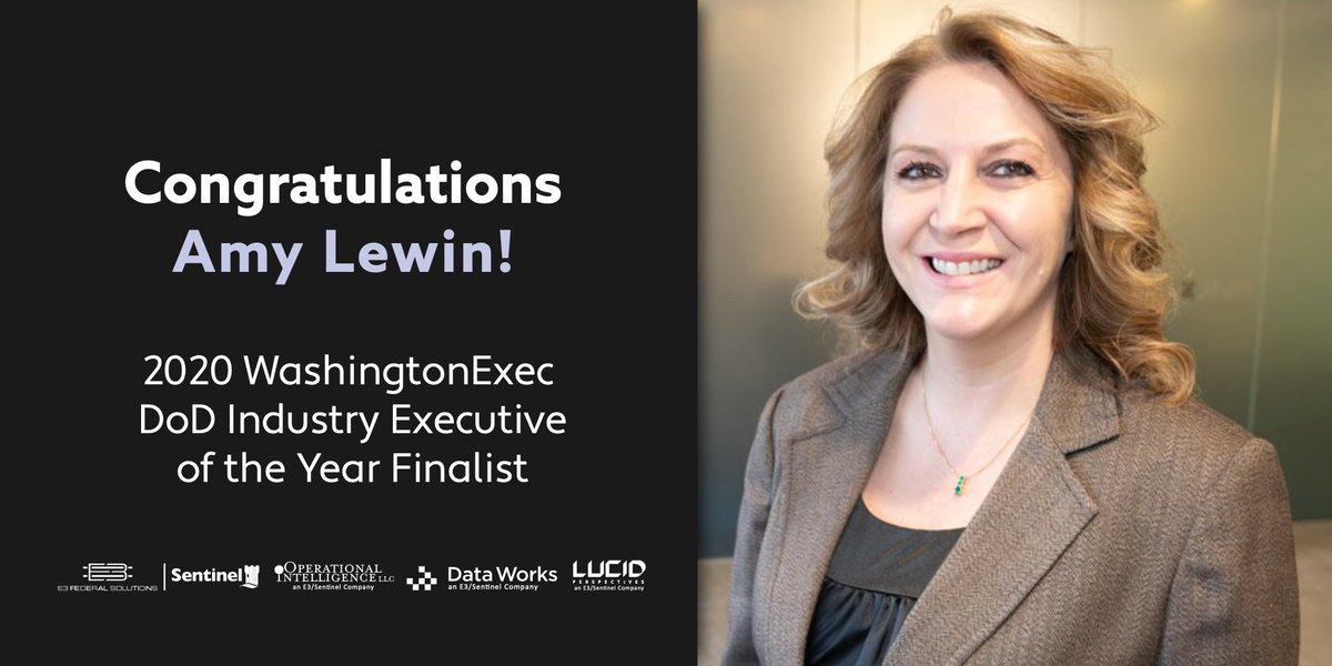 E3Sentinel's tweet photo. Our own, Amy Lewin, has been listed as a finalist for the 2020 @washingtonexec Pinnacle Awards for DoD Industry Executive of the Year! Congratulations Amy! https://t.co/TQhFwZhC4m https://t.co/VOxP3OJ0nM