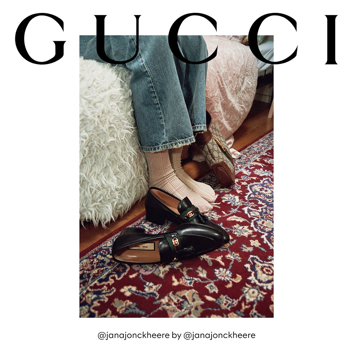 gucci's tweet photo. Forging a campaign from a different point of view, where the clothes travel to the houses of the cast, #GucciTheRitual is a lineup of images shot by models. Captured here by #JanaJonckheere is the #GucciJackie1961 handbag and leather loafers with the House Web stripe. https://t.co/Vp0HlIEvZb