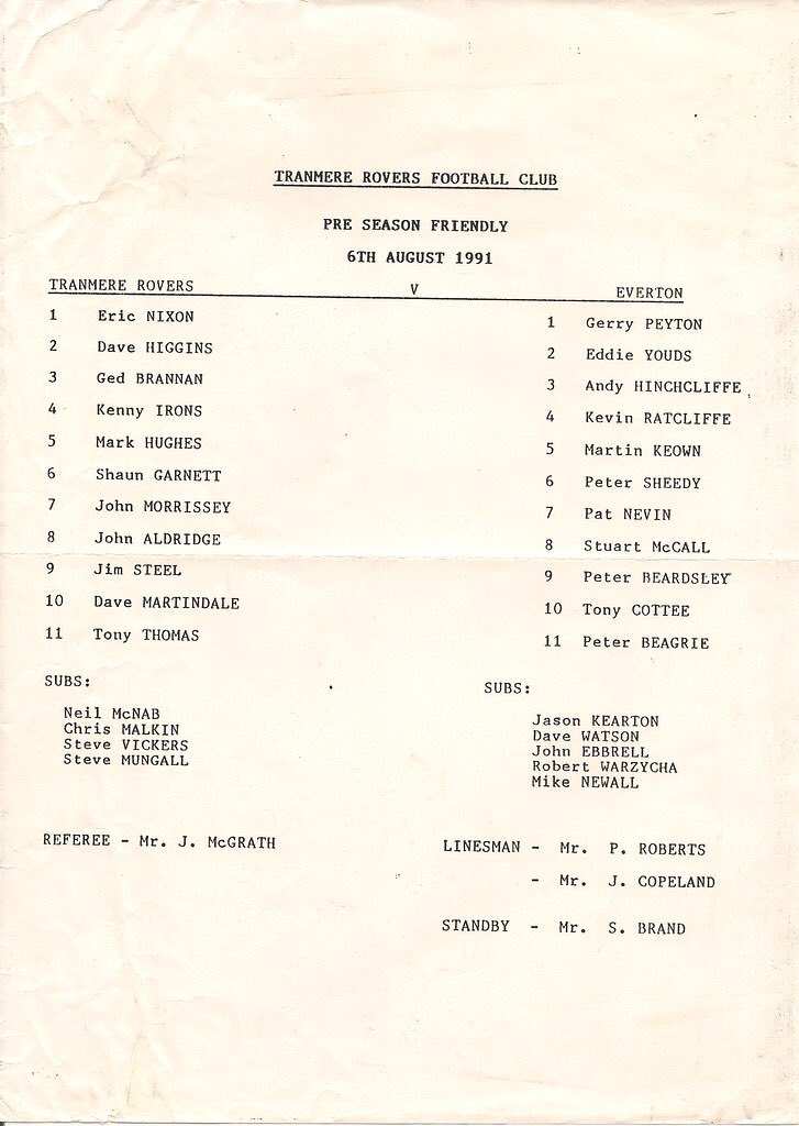 #109 Tranmere Rovers 1-3 EFC - Aug 6, 1991. For a 4th pre-season in a row EFC headed to Prenton Park for the annual friendly v Tranmere. For the 4th pre-season in a row EFC ran out winners, this time 3-1. Goals from Cottee, Sheedy, & a Steve Mungall own goal handed EFC victory.