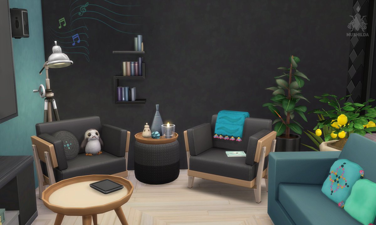 Living room. There is everything for recreation and entertainment. The stereo system rotates and looks like speakers. All seats are functional, and sims do not sink their body into the pillow.  #ConiferStation   #EvergreenHarbor   #TheSims4EcoLifeStyle   #ShowUsYourBuilds   #TheSims4