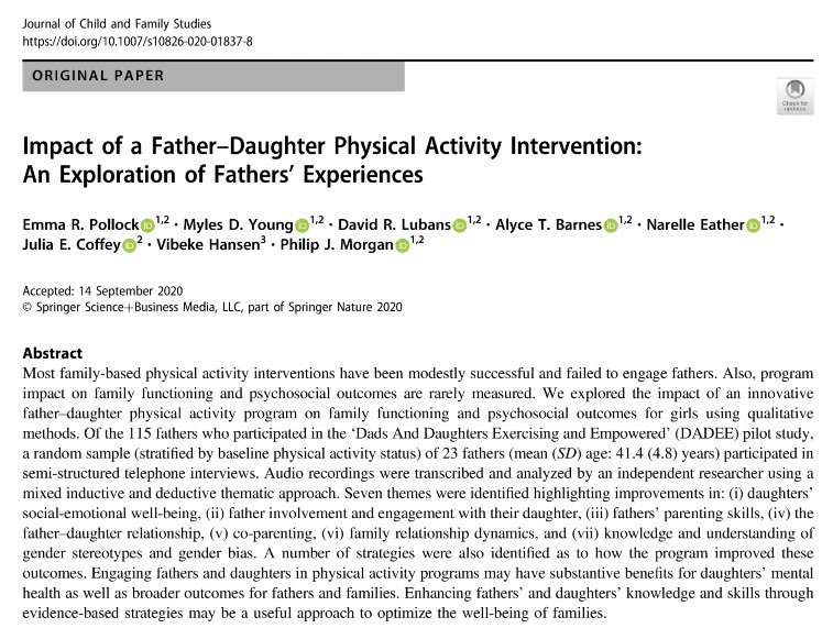 Excited to share our latest qual findings from the @DaughterDad_UoN pilot RCT.
Fathers:
▪️reported ⬆️ in their daughters’ SEW
▪️⬆️ their parenting skills &amp; strengthened family relationships
▪️became a gender advocate for their daughter
J Child &amp; Fam Stud👉rdcu.be/b71IV