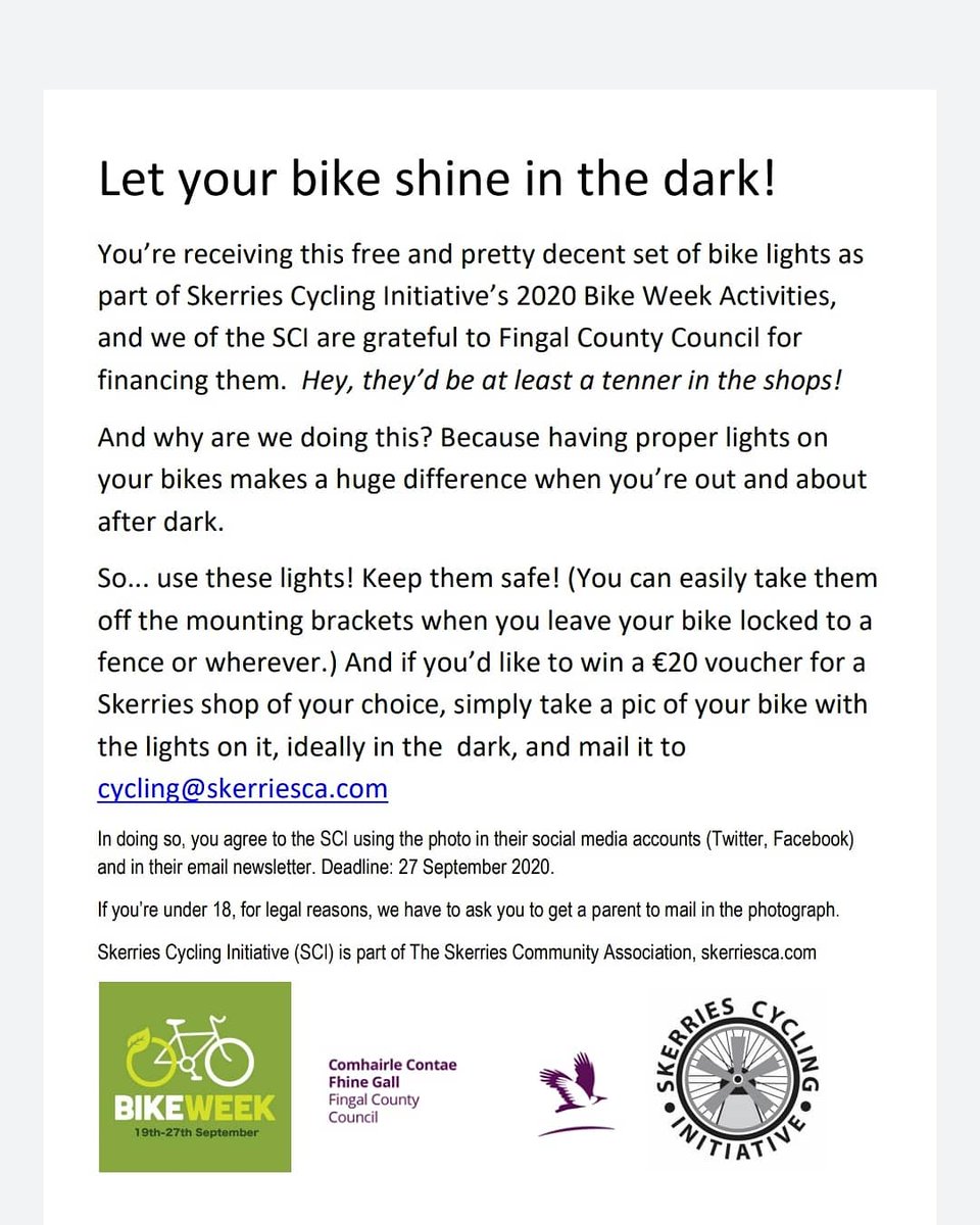 Huge thanks to <a href="/Fingalcoco/">Fingal County Council</a> for providing our new bike lights. This is all part of Skerries Cycling Initiative 2020 Bike Week activities.
To find out more about Skerries Cycling Initiative, pop over to their Facebook page or click on the link below:
skerriesca.com/cycling.htm
