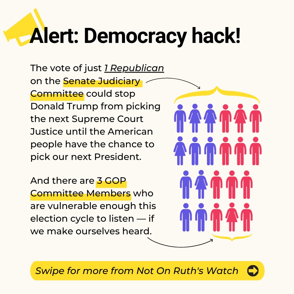 NotOnRuthsWatch's tweet photo. Demand #SupremeCourtJustice: Just 1 GOP member of the Senate Judiciary Committee could stop DJT's SCOTUS nomination from reaching the Senate floor; 3 are vulnerable enough this November to be the "NO" we need. See pics, visit https://t.co/Ipn6E76F3B, follow #RuthsWatch — act NOW. https://t.co/TgS4i5uMsI