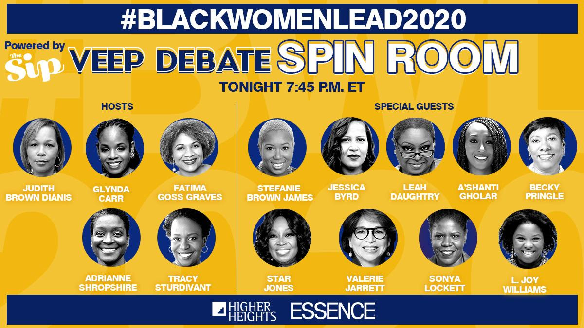 RepresentWomen's tweet image. Tune in tonight to hear an impressive panel of #BlackWomenLeaders discuss the #VPDebate: speakers include @jbrownedianis @glyndacarr @FGossGraves @TracySturd @JessicaLBYRD @AshantiGholar @BeckyPringle &amp;amp; @StarJonesEsq hosted by @HigherHeightPAC @Essence mobilize.us/higherheightsf…