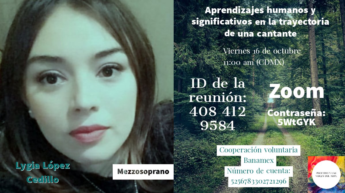 AugustoProcoro's tweet image. Es para mí un placer invitarlos a este nuevo webinar de Procoro y las voces del arte. Tendremos como invitada especial a Lygia López Cedillo, con quien charlaremos sobre aquellas experiencias humanas y significativas en la trayectoria de una cantante.