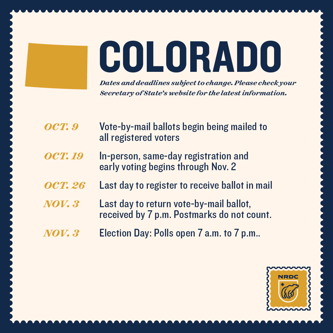 NRDC's tweet photo. Hey Colorado! 🌄 Make your voice heard and #VOTE! ⠀⠀
⠀⠀
Here are some important dates to save, send, and bring up in conversation whenever you can. 😉
#COVotes #ColoradoVoters #VoteCO #Colorado #Vote2020 #VoteEarly #VoteSafely https://t.co/wFyz8Zmrls